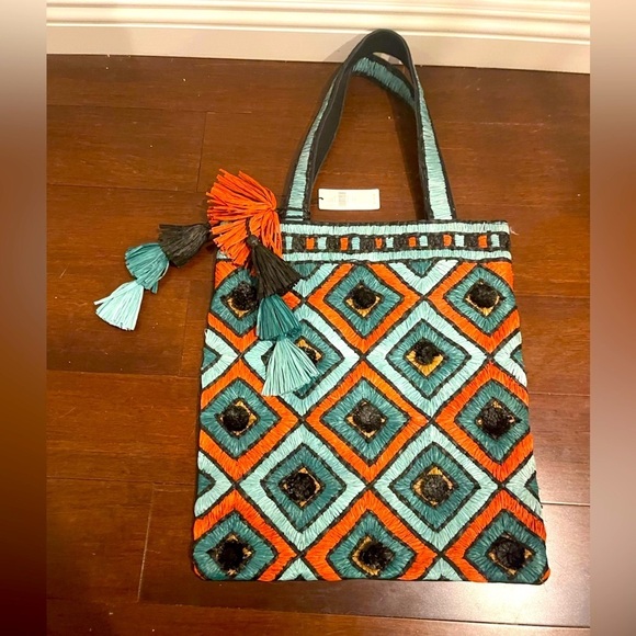 Anthropologie Handbags - NWT ANTHROPOLOGIE Colorful Geometric Tote Bag with raffia embellishments